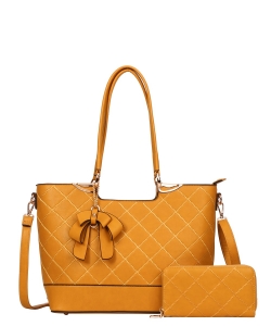 2in1 Quilt Bow Tote Bag With Wallet Set TT-8581W MUSTARD/